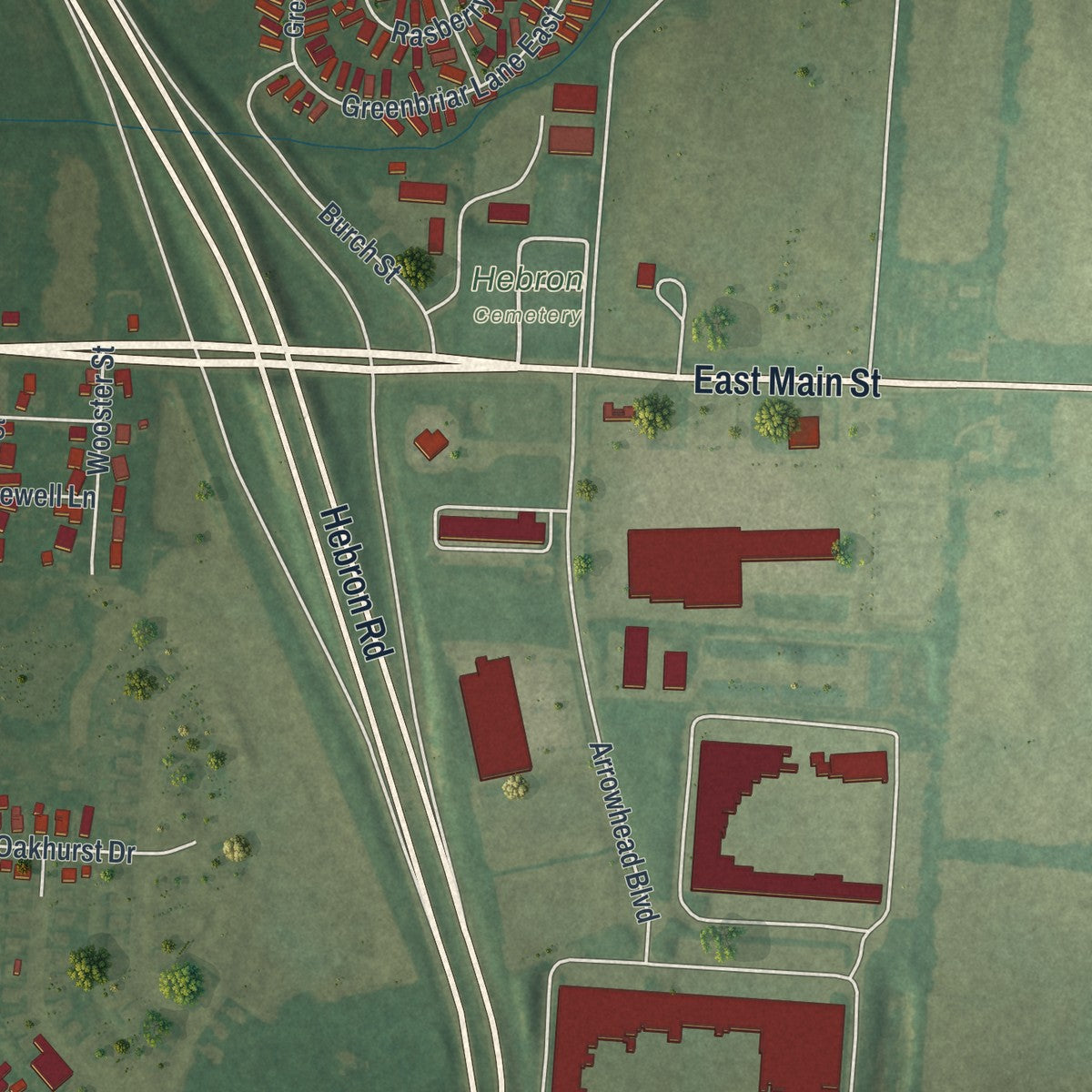Second close-up of the map of Hebron, Ohio print showing more streets and buildings