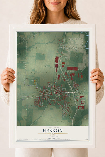 Map of Hebron, Ohio, 18 x 24 inch print in a white wood frame