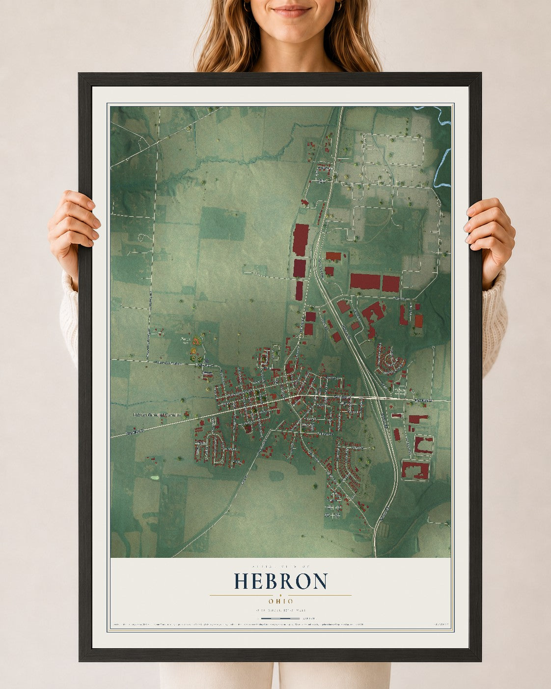 Map of Hebron, Ohio, 24 x 36 inch print in a black wood frame