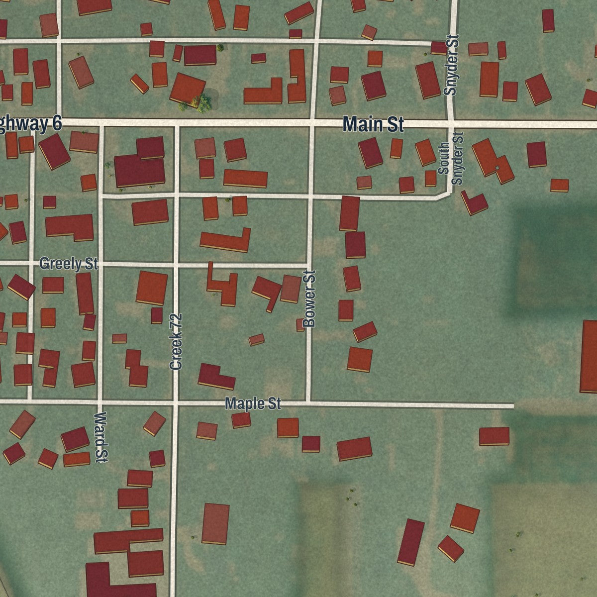 Close-up of the map of Helena, Ohio print showing street and building detail