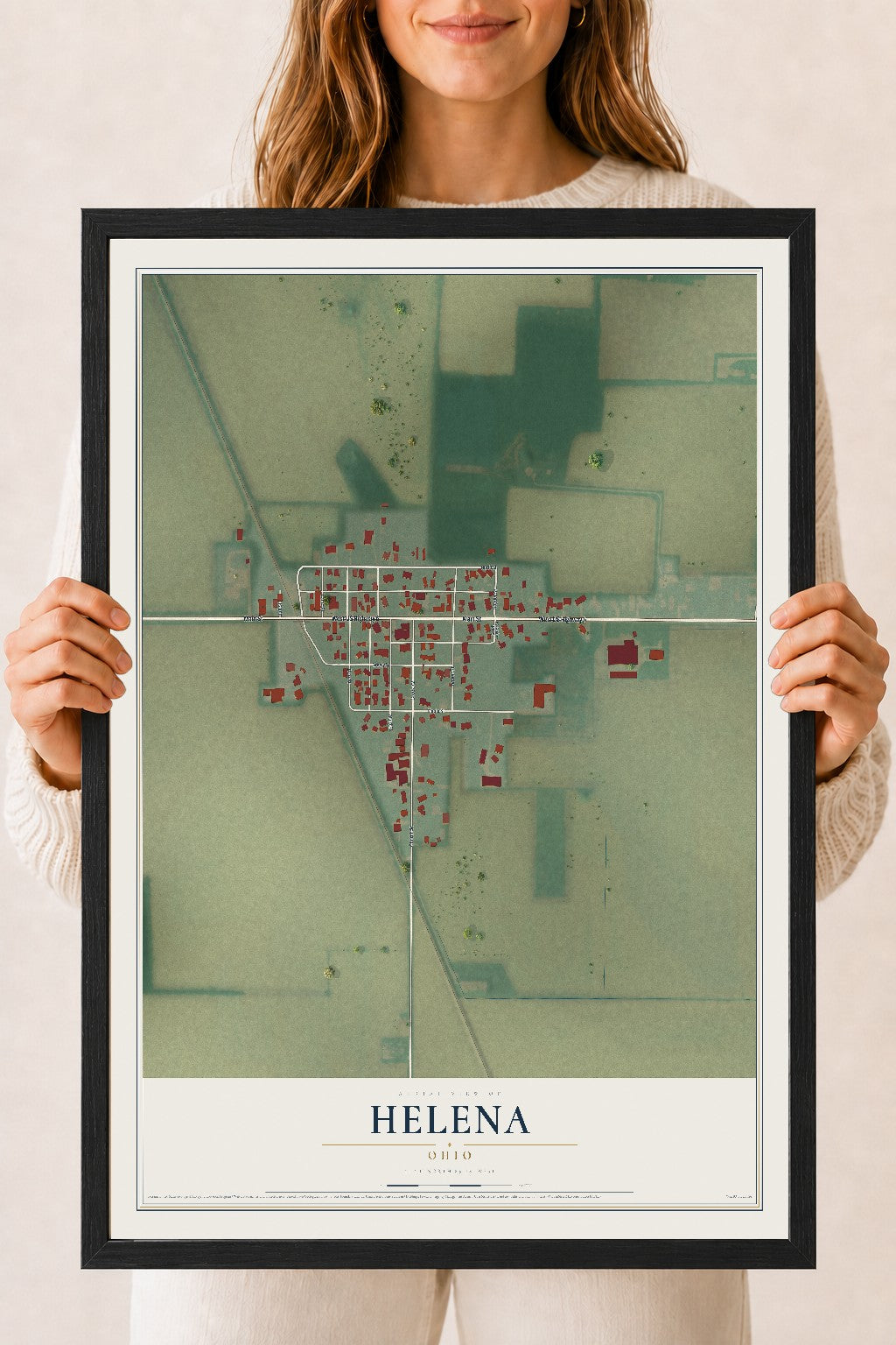 Map of Helena, Ohio, 18 x 24 inch print in a black wood frame