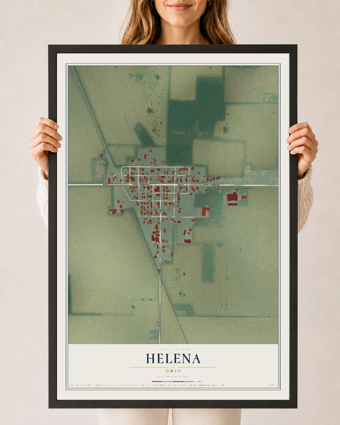 Map of Helena, Ohio, 24 x 36 inch print in a black wood frame