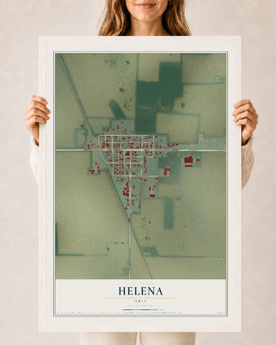 Map of Helena, Ohio, 24 x 36 inch print in a white wood frame