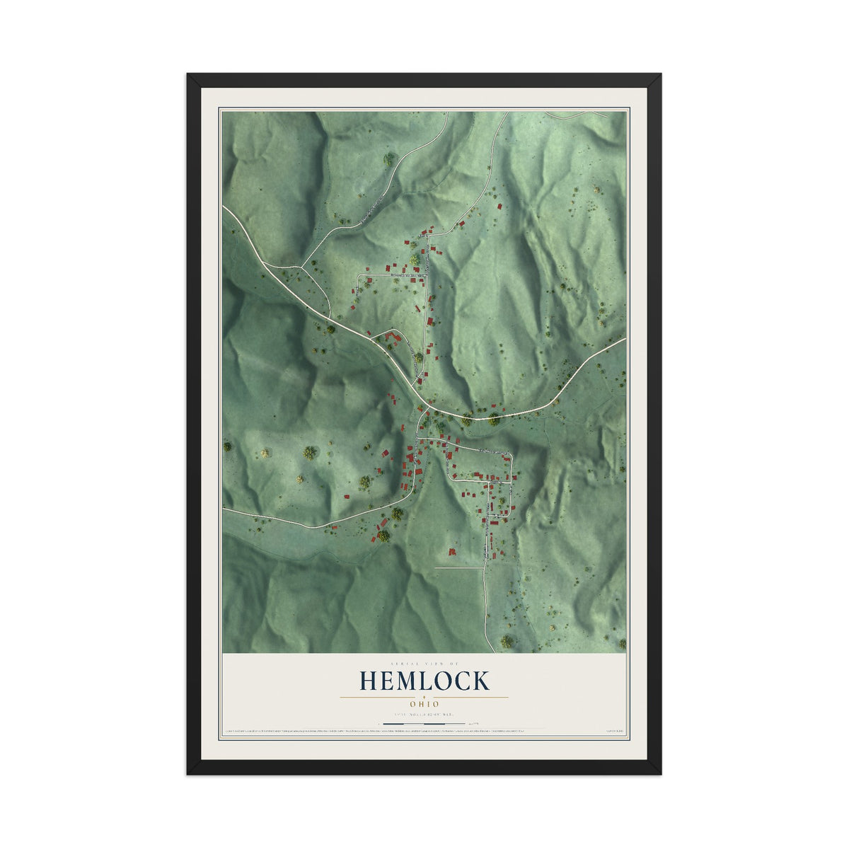 Map of Hemlock, Ohio, 12 x 18 inch print in a black wood frame