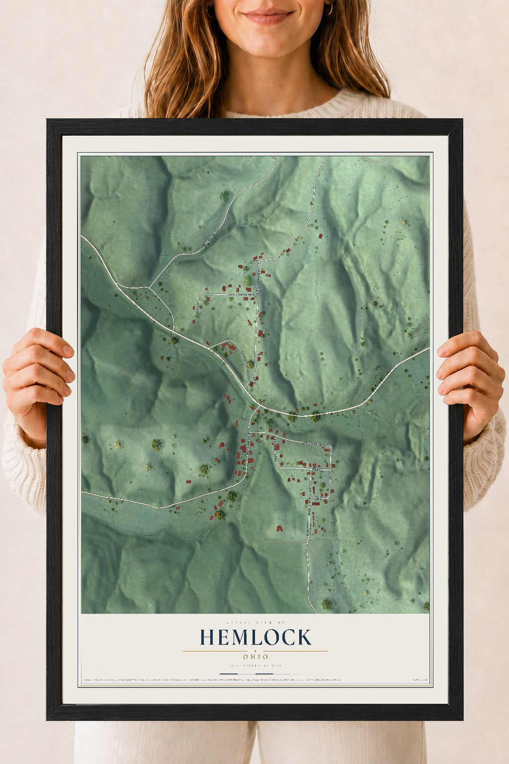 Map of Hemlock, Ohio, 18 x 24 inch print in a black wood frame