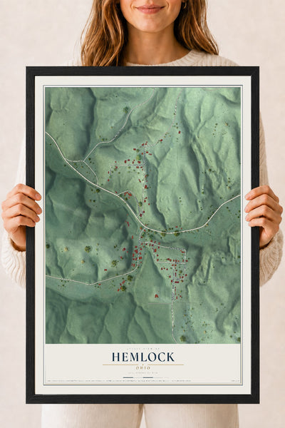 Map of Hemlock, Ohio, 18 x 24 inch print in a black wood frame