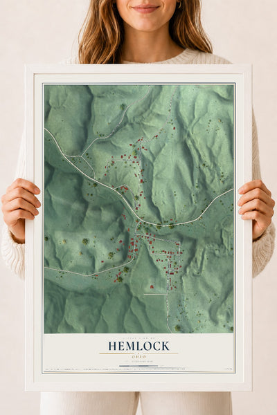 Map of Hemlock, Ohio, 18 x 24 inch print in a white wood frame