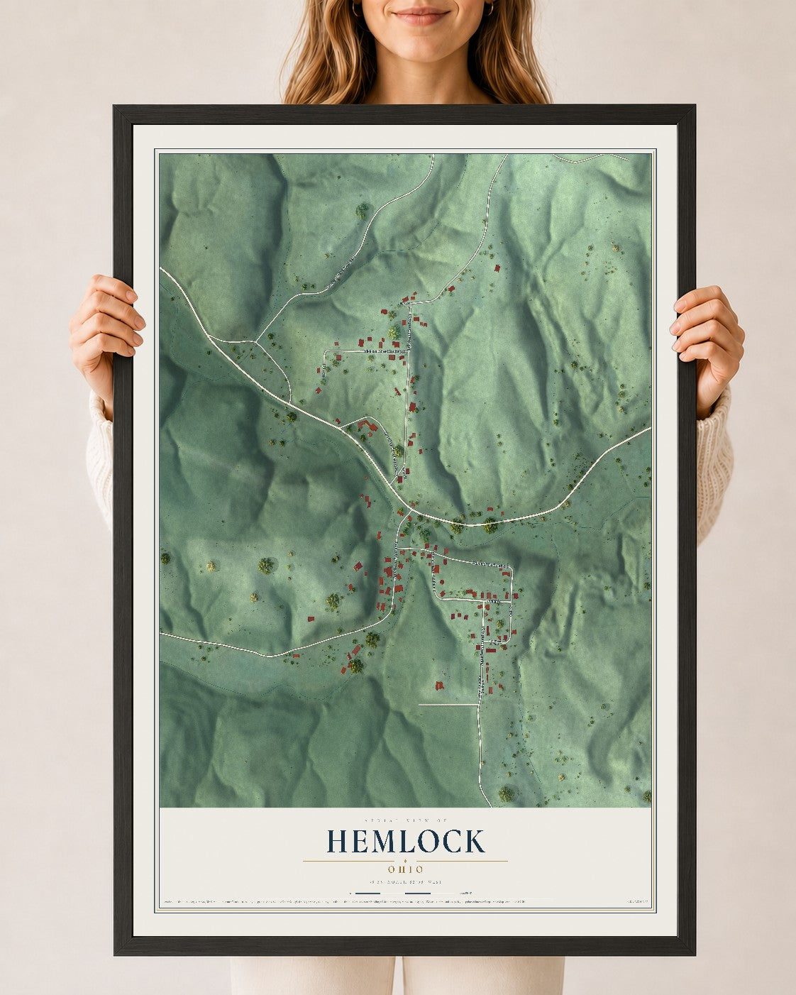 Map of Hemlock, Ohio, 24 x 36 inch print in a black wood frame