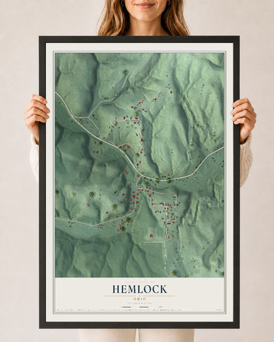Map of Hemlock, Ohio, 24 x 36 inch print in a black wood frame