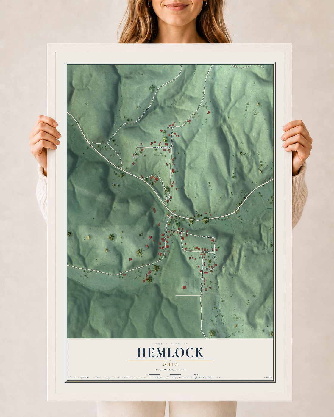 Map of Hemlock, Ohio, 24 x 36 inch print in a white wood frame