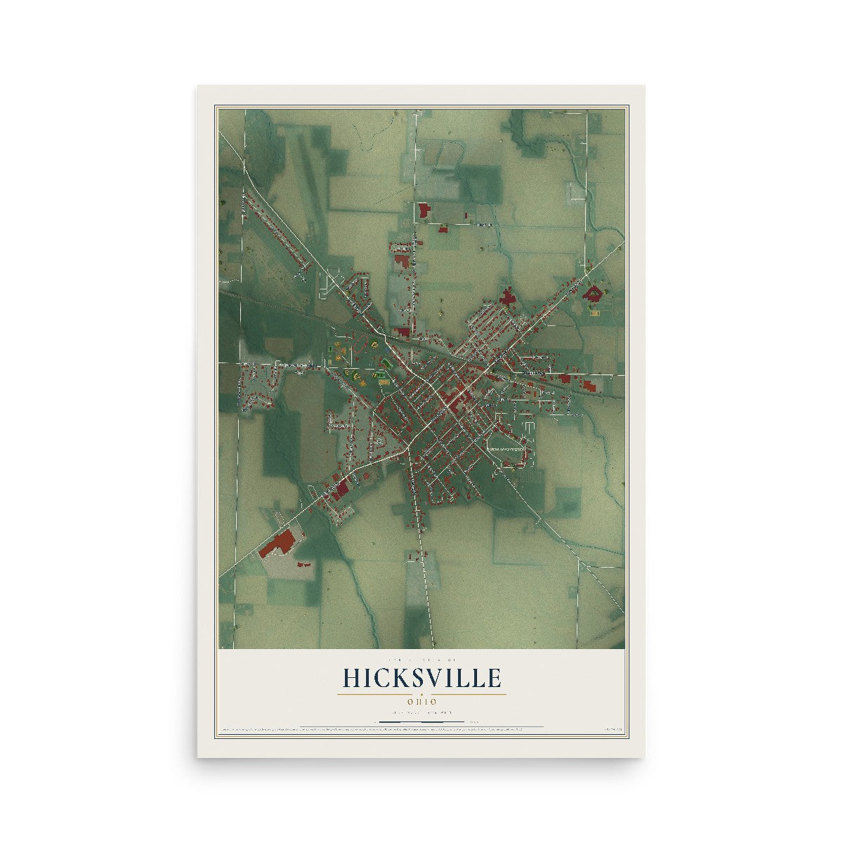 Map of Hicksville, Ohio, 12 x 18 inch unframed archival matte print