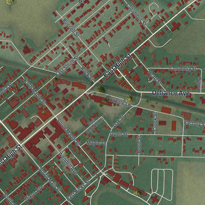 Close-up of the map of Hicksville, Ohio print showing street and building detail