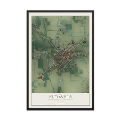 Map of Hicksville, Ohio, 12 x 18 inch print in a black wood frame
