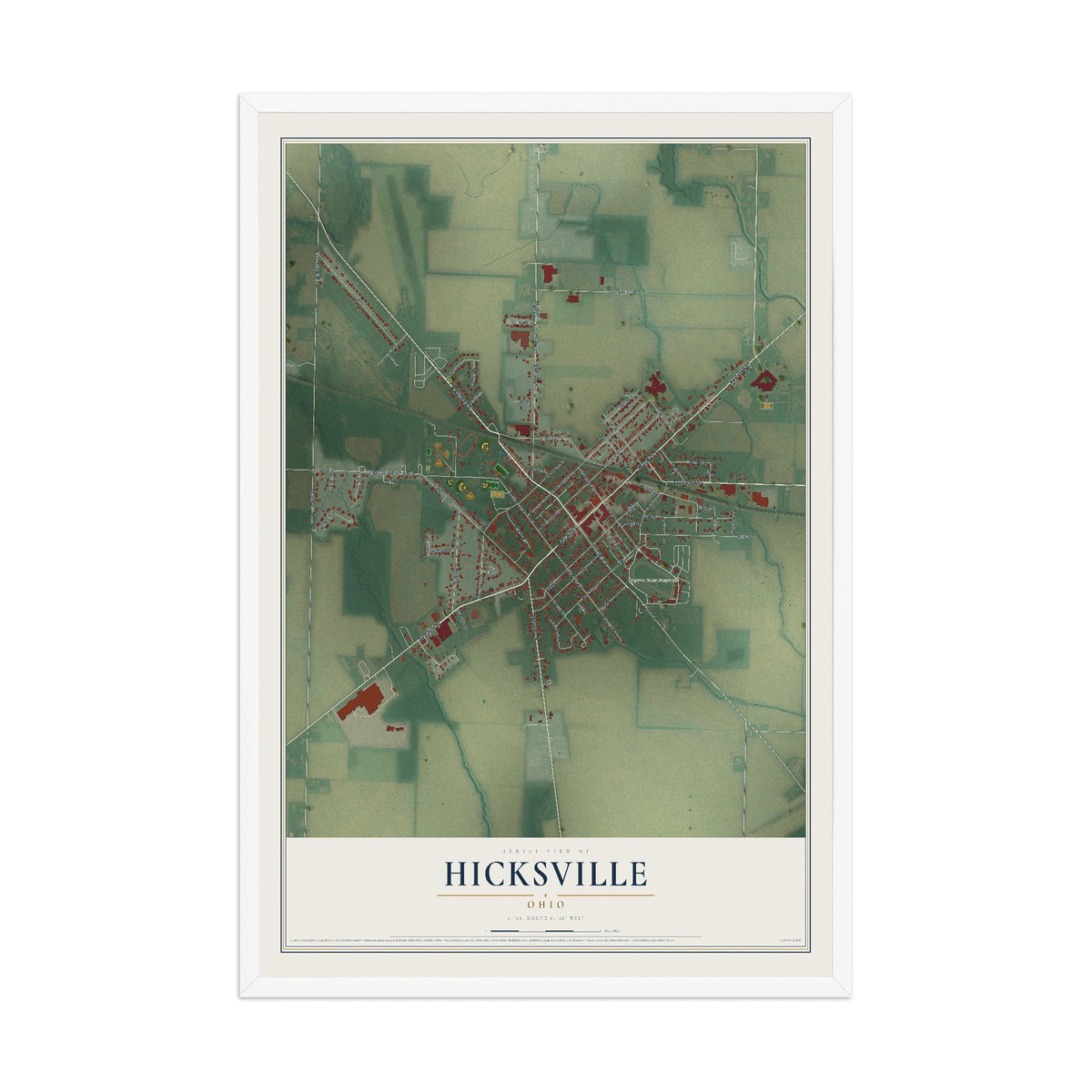 Map of Hicksville, Ohio, 12 x 18 inch print in a white wood frame