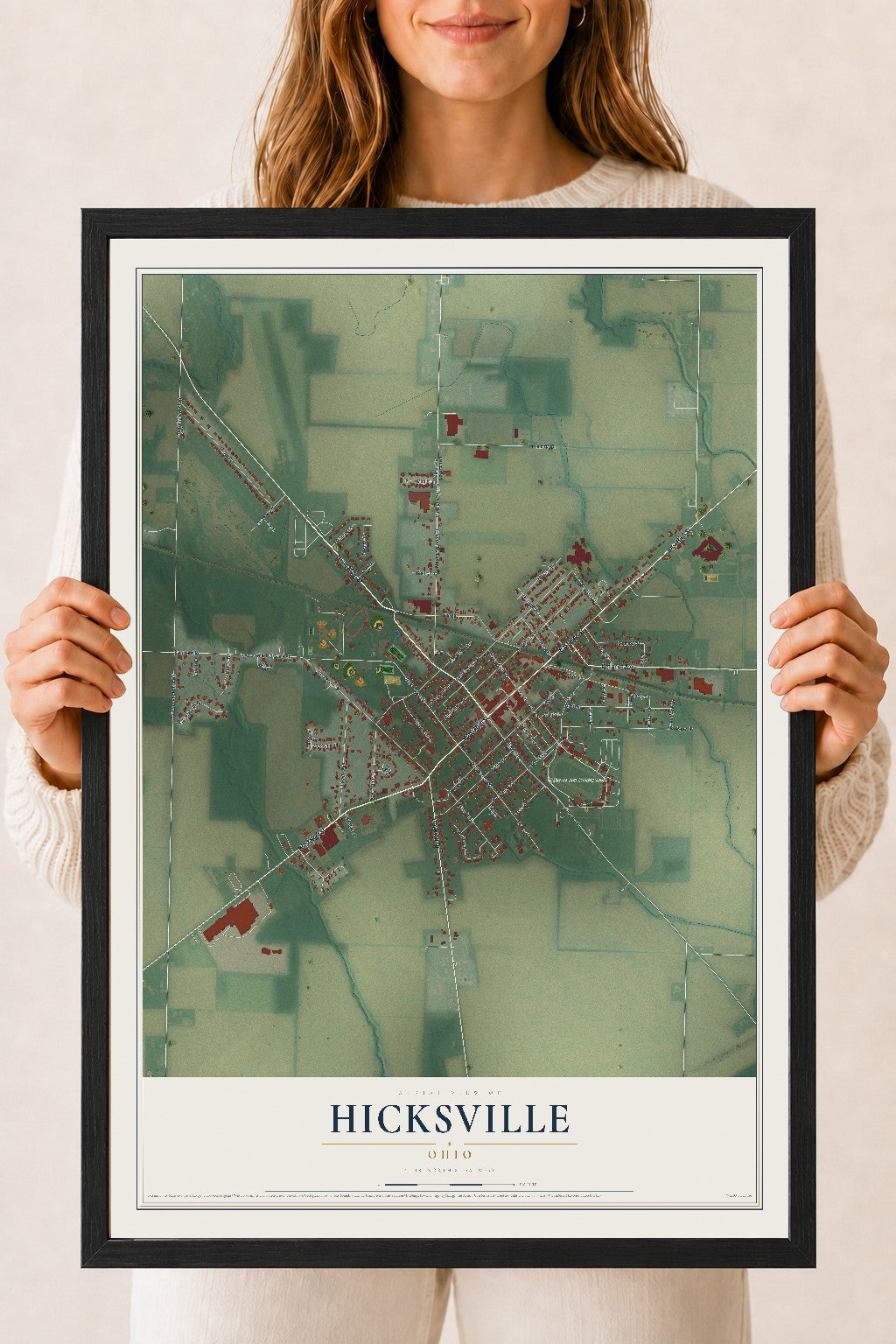 Map of Hicksville, Ohio, 18 x 24 inch print in a black wood frame