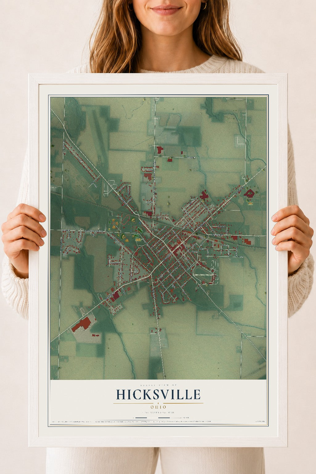 Map of Hicksville, Ohio, 18 x 24 inch print in a white wood frame