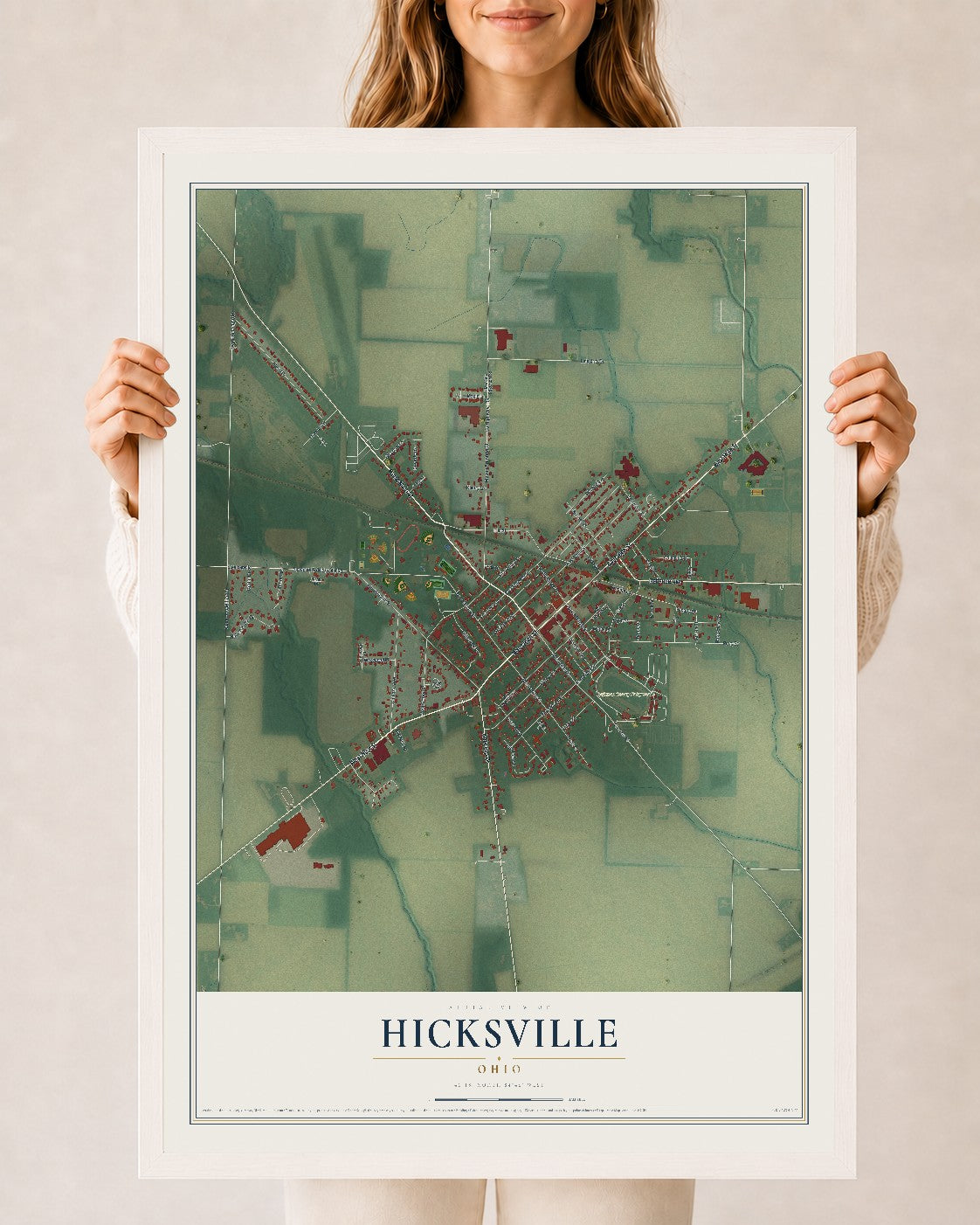 Map of Hicksville, Ohio, 24 x 36 inch print in a white wood frame