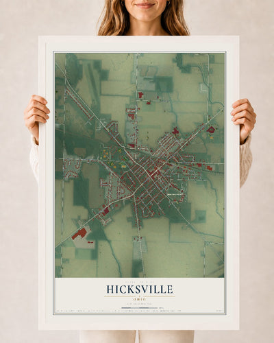 Map of Hicksville, Ohio, 24 x 36 inch print in a white wood frame