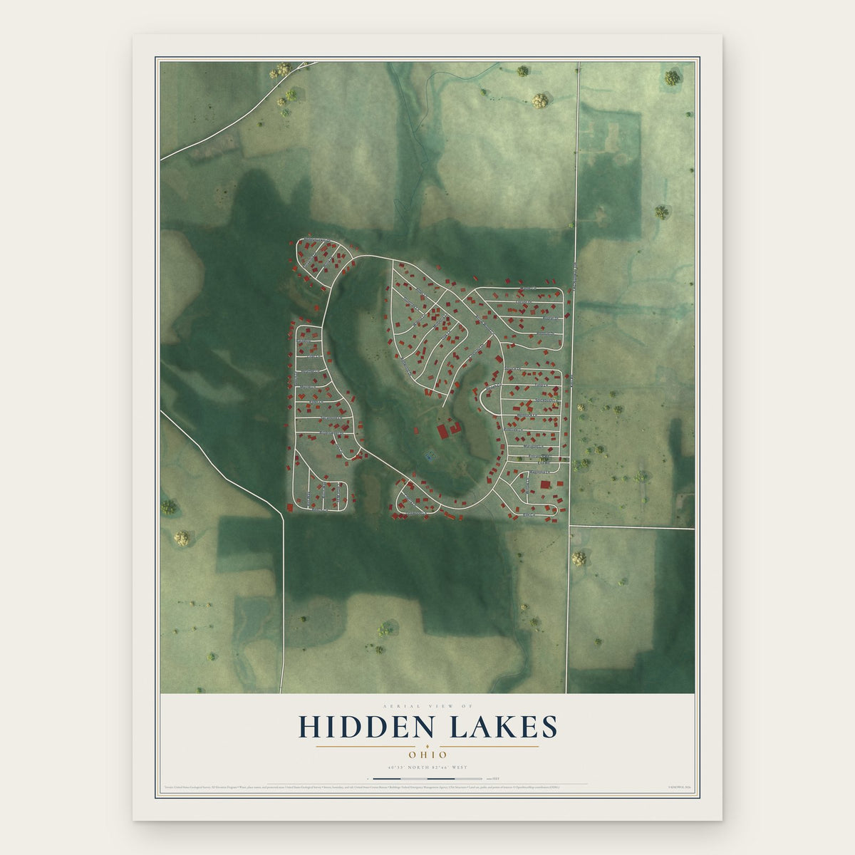 Hidden Lakes, Ohio map print, the full design