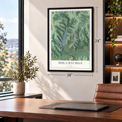 Hide-A-Way Hills, Ohio map, 18 x 24 inch print in a black frame in a home office