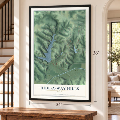 Hide-A-Way Hills, Ohio map, 24 x 36 inch print in a black frame by a staircase