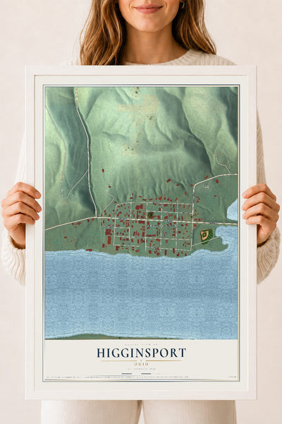 Map of Higginsport, Ohio, 18 x 24 inch print in a white wood frame