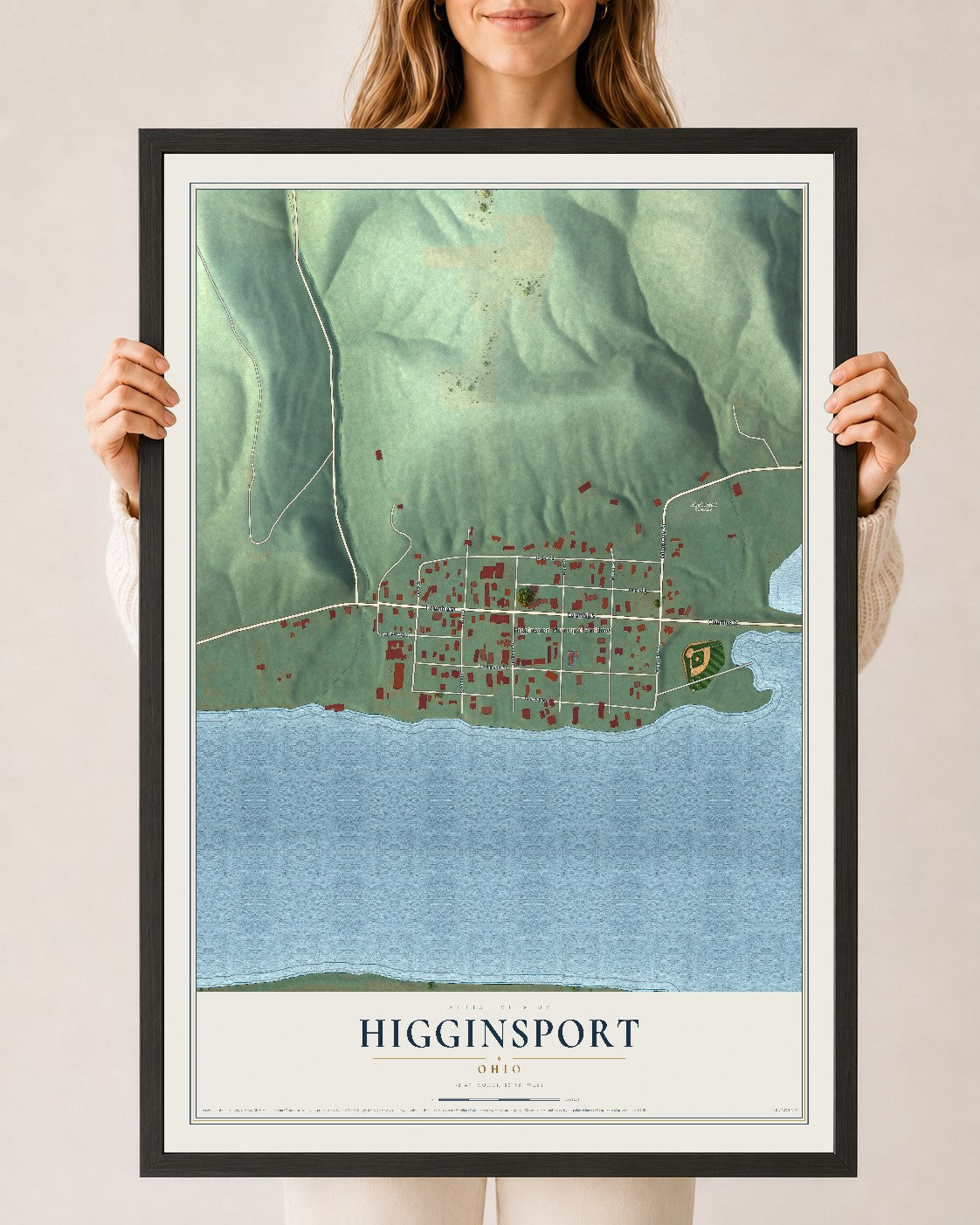 Map of Higginsport, Ohio, 24 x 36 inch print in a black wood frame