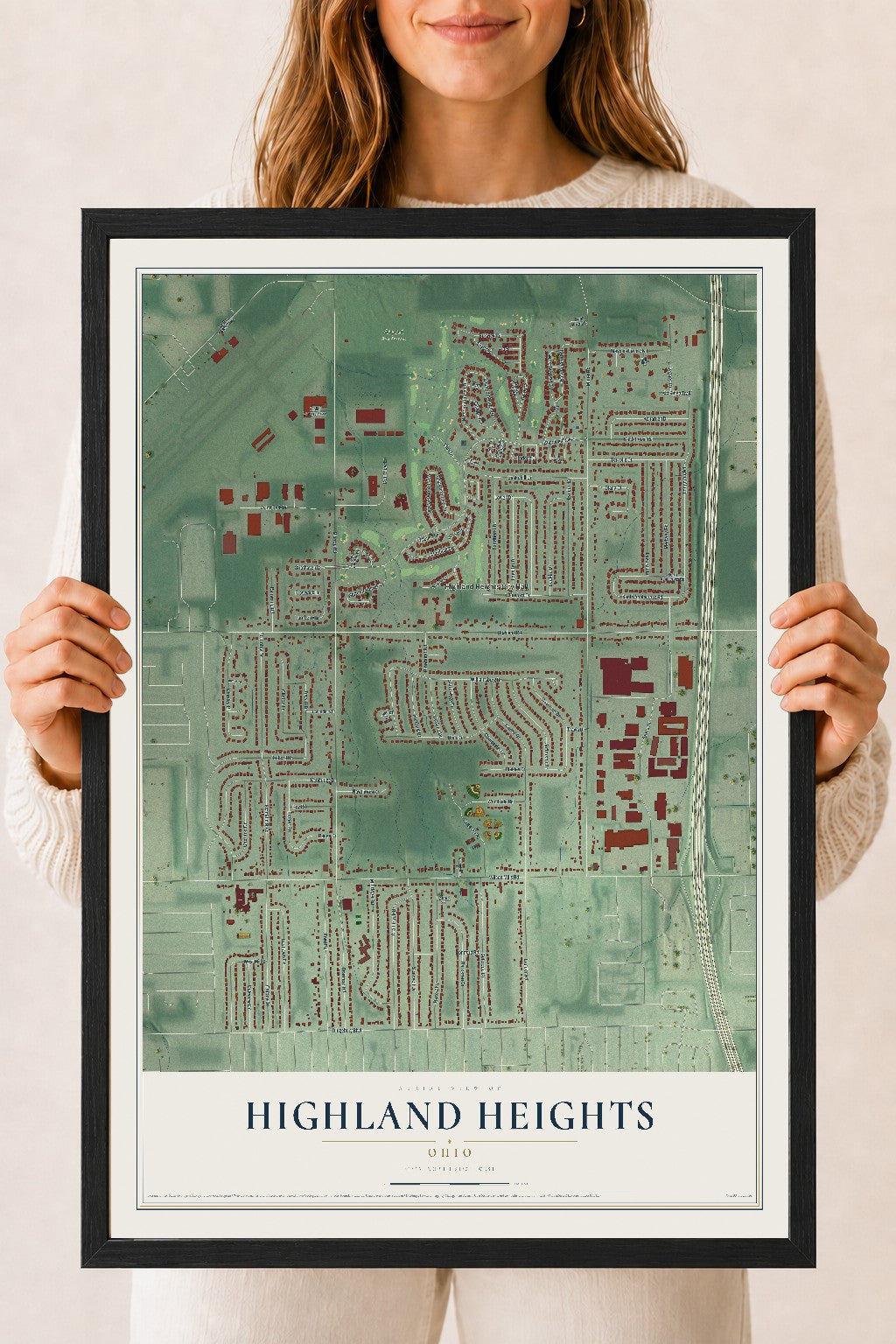 Map of Highland Heights, Ohio, 18 x 24 inch print in a black wood frame