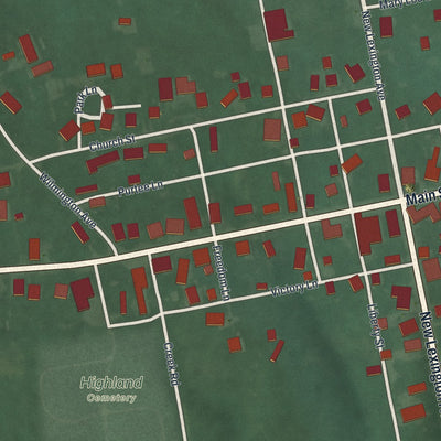 Close-up of the map of Highland, Ohio print showing street and building detail