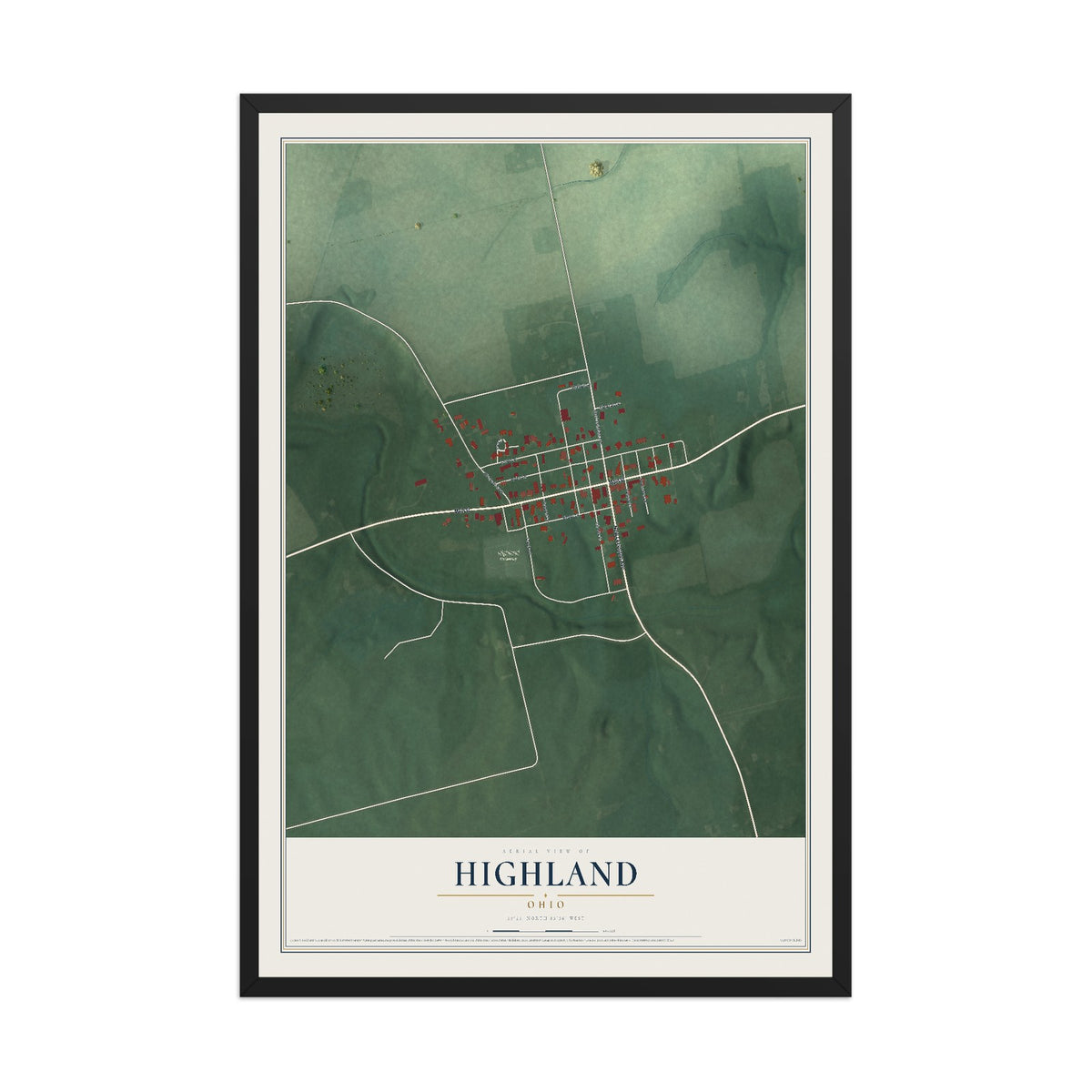 Map of Highland, Ohio, 12 x 18 inch print in a black wood frame