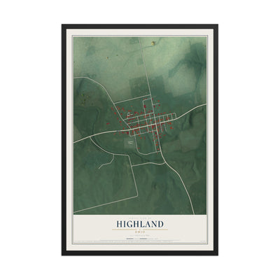 Map of Highland, Ohio, 12 x 18 inch print in a black wood frame