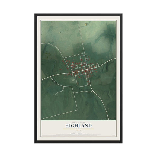 Map of Highland, Ohio, 12 x 18 inch print in a black wood frame