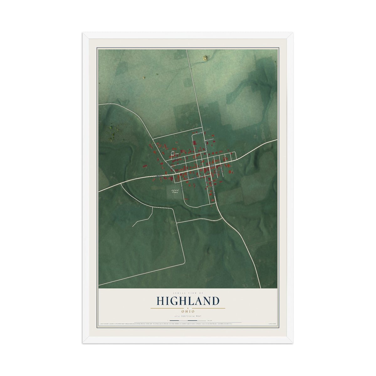 Map of Highland, Ohio, 12 x 18 inch print in a white wood frame