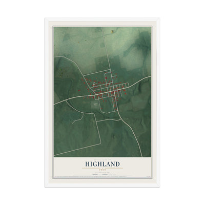 Map of Highland, Ohio, 12 x 18 inch print in a white wood frame