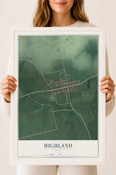 Map of Highland, Ohio, 18 x 24 inch print in a white wood frame