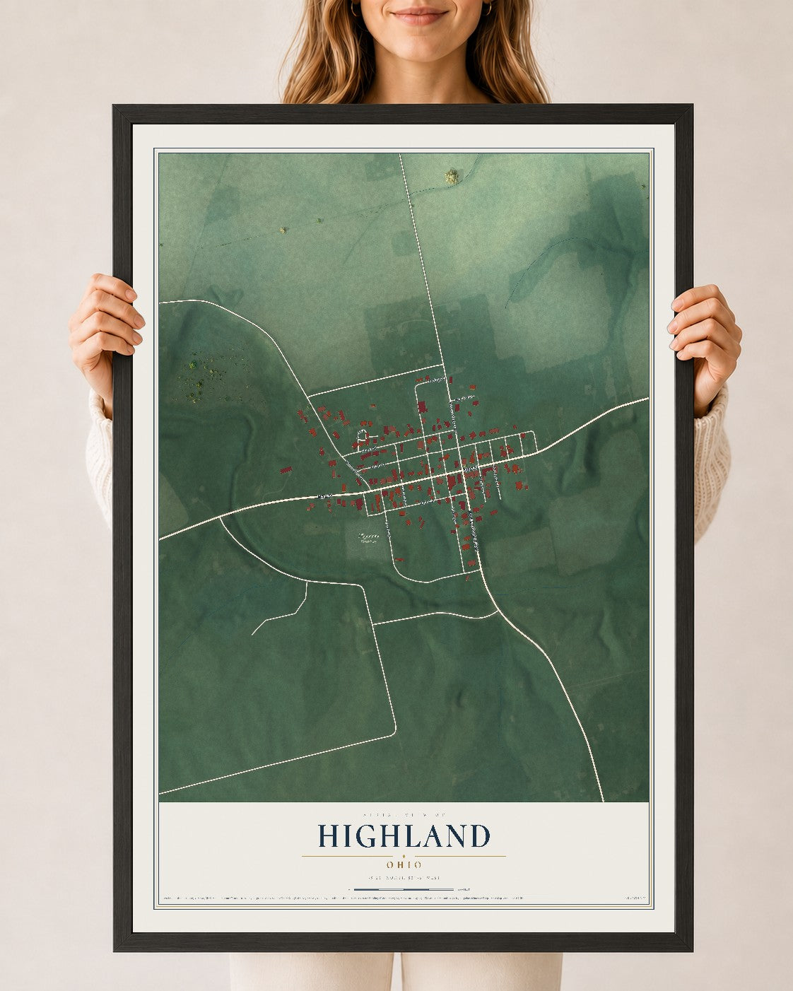 Map of Highland, Ohio, 24 x 36 inch print in a black wood frame