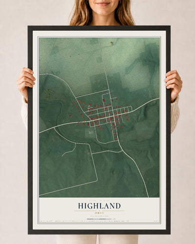 Map of Highland, Ohio, 24 x 36 inch print in a black wood frame