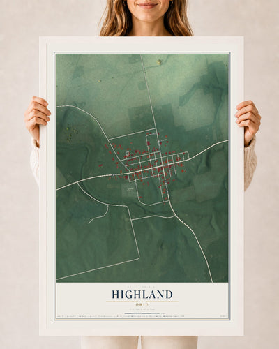 Map of Highland, Ohio, 24 x 36 inch print in a white wood frame