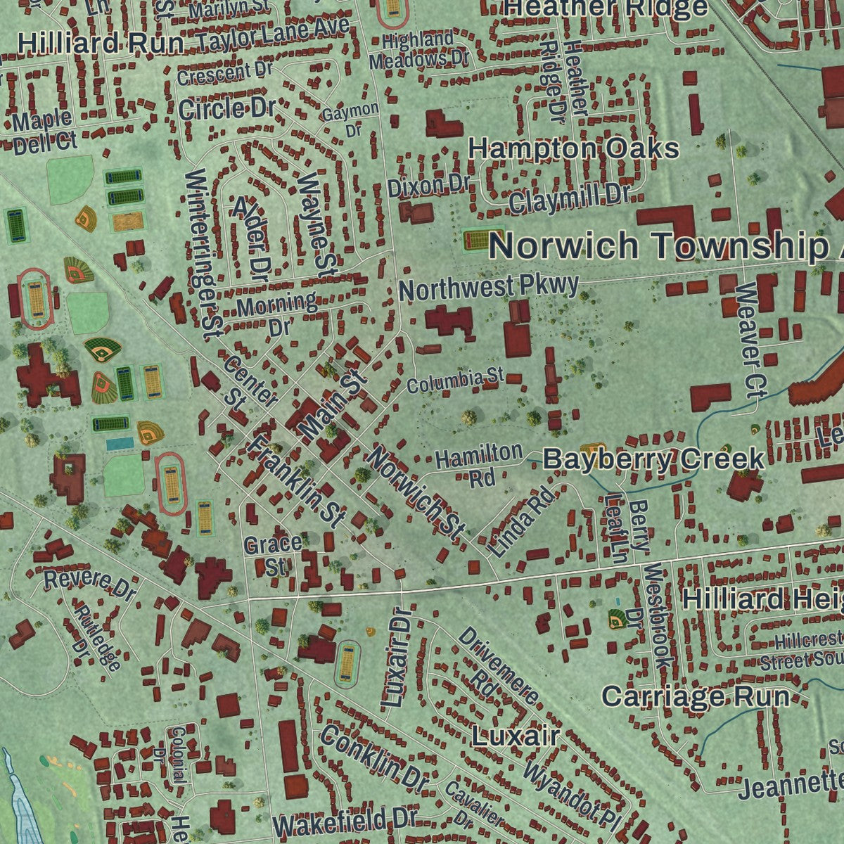 Close-up of the map of Hilliard, Ohio print showing street and building detail