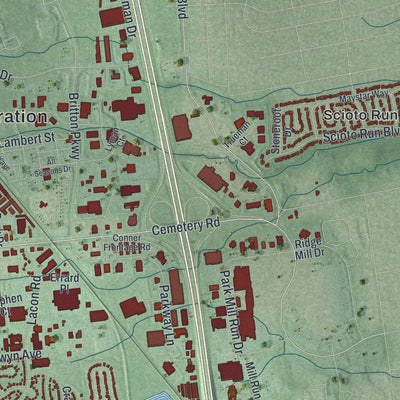 Second close-up of the map of Hilliard, Ohio print showing more streets and buildings