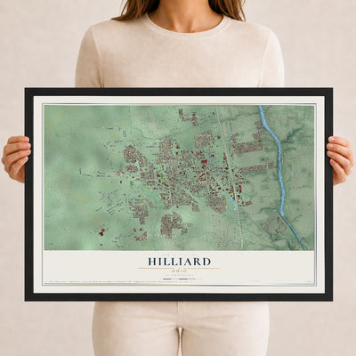 Map of Hilliard, Ohio, 12 x 18 inch print in a black wood frame
