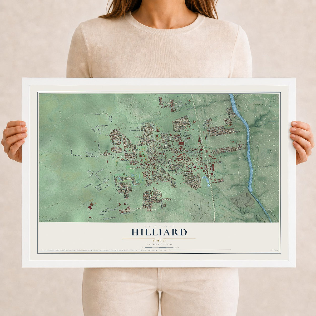 Map of Hilliard, Ohio, 12 x 18 inch print in a white wood frame
