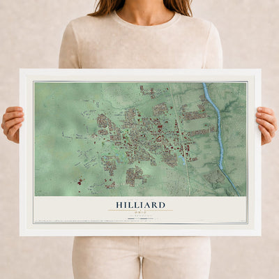 Map of Hilliard, Ohio, 12 x 18 inch print in a white wood frame