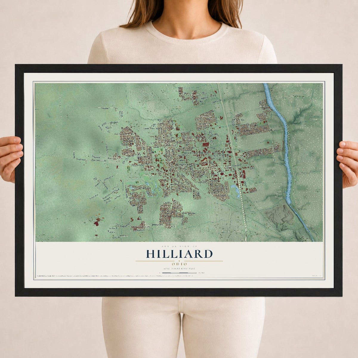Map of Hilliard, Ohio, 18 x 24 inch print in a black wood frame