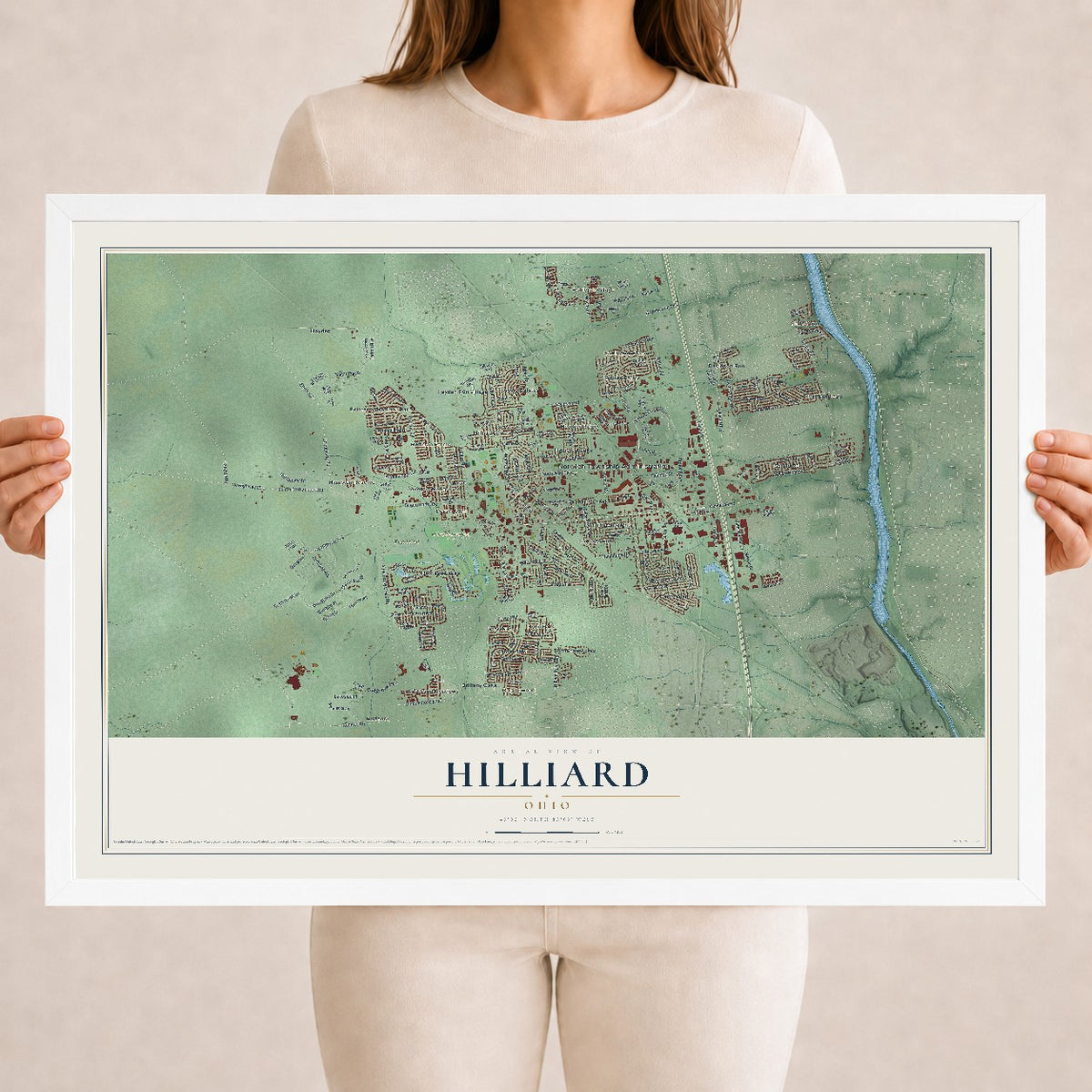 Map of Hilliard, Ohio, 18 x 24 inch print in a white wood frame