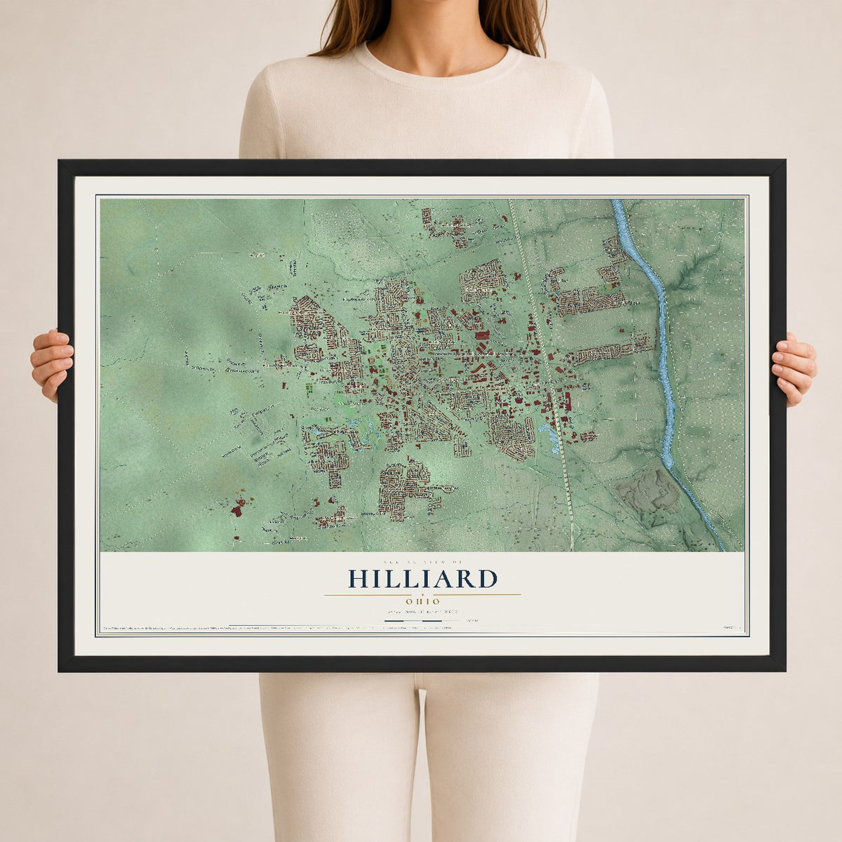 Map of Hilliard, Ohio, 24 x 36 inch print in a black wood frame