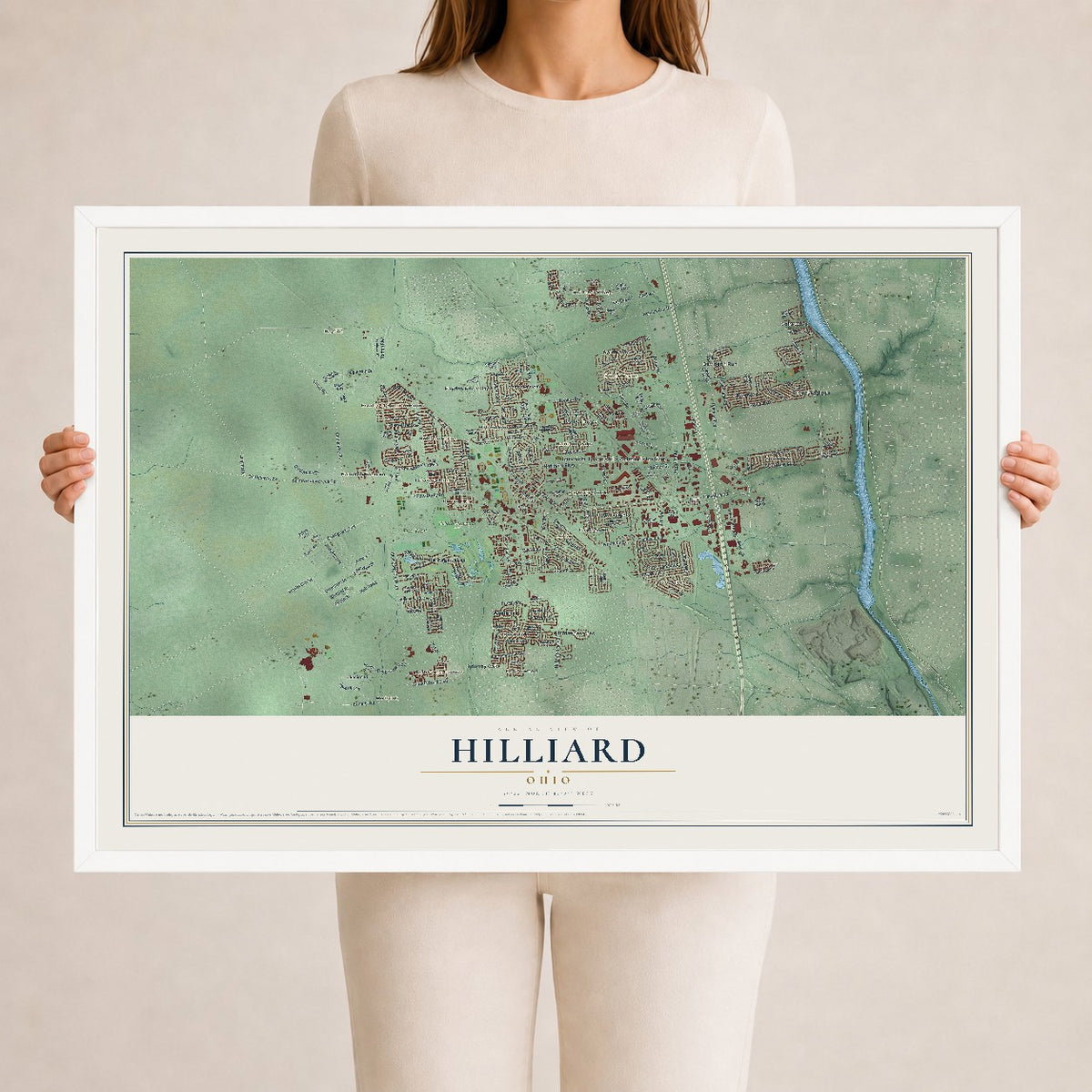 Map of Hilliard, Ohio, 24 x 36 inch print in a white wood frame