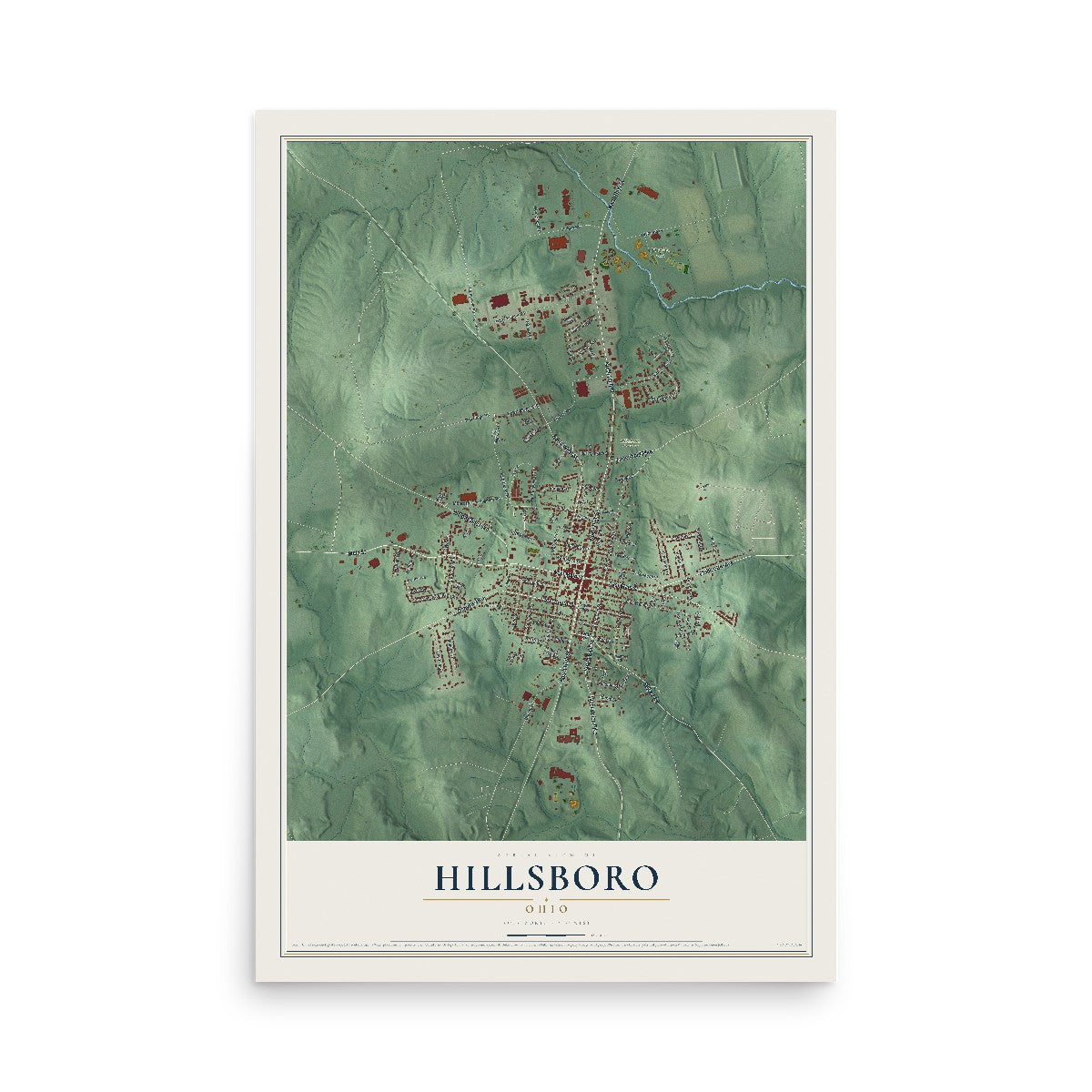Map of Hillsboro, Ohio, 12 x 18 inch unframed archival matte print