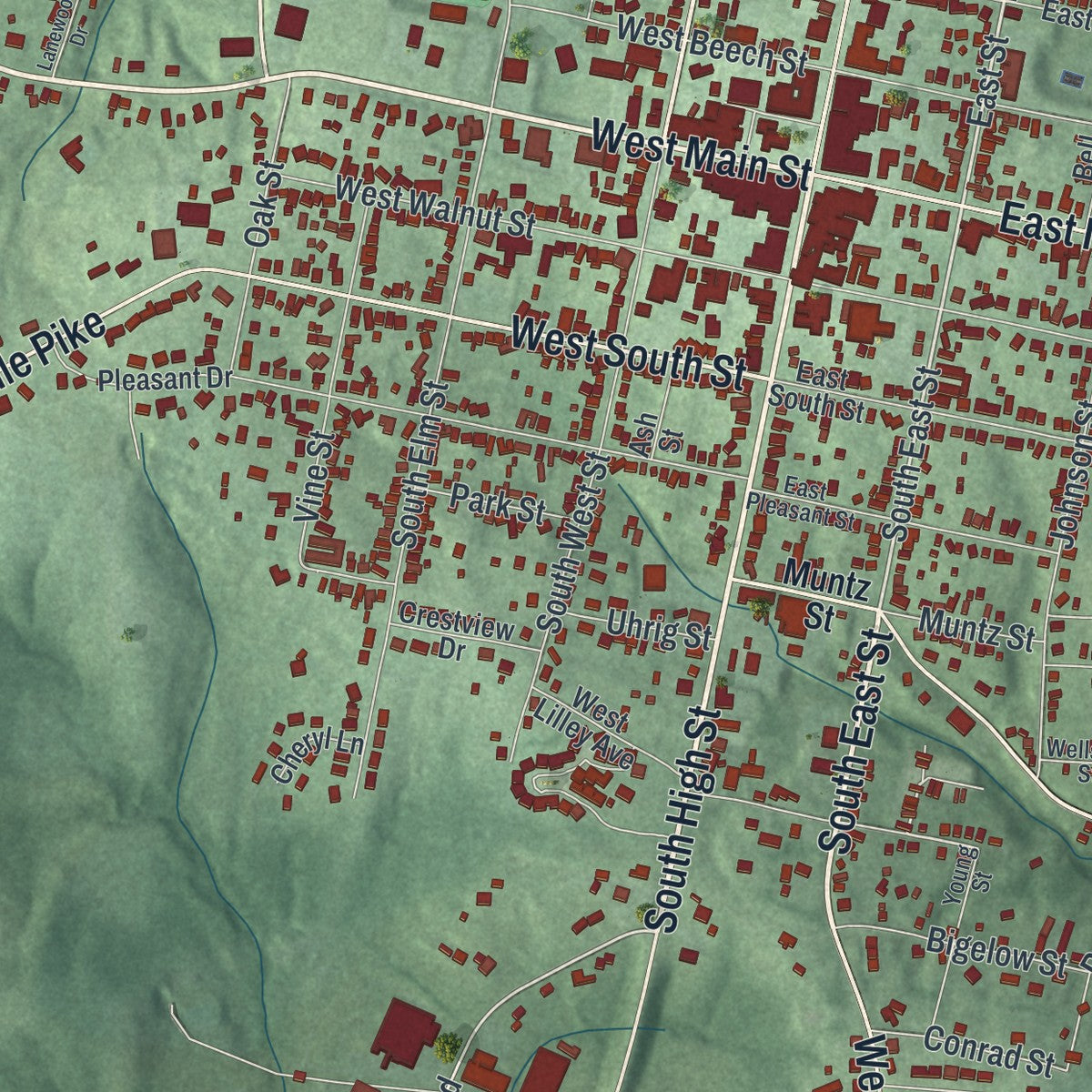 Close-up of the map of Hillsboro, Ohio print showing street and building detail