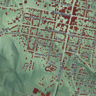Close-up of the map of Hillsboro, Ohio print showing street and building detail
